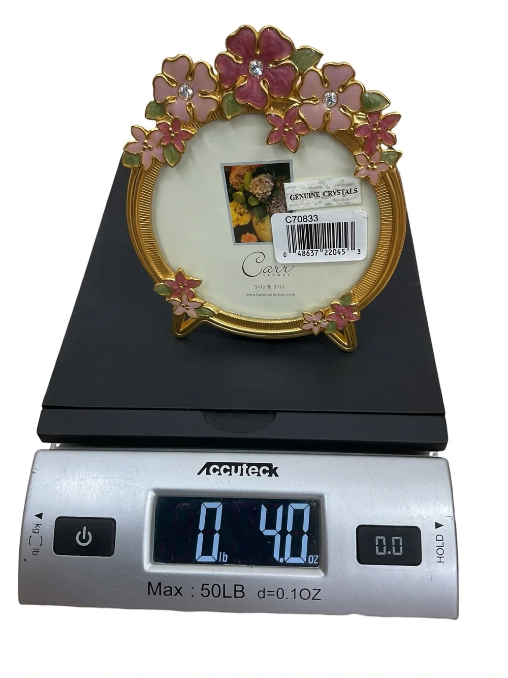 Carr Floral Gold Picture Frame with Pink Enamel Flowers with genuine crystals